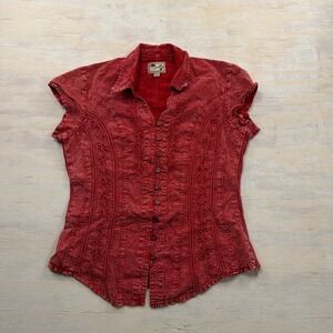 Scully Top Embroidered Western Acid Wash Red Size L Cap Sleeve Button Up Women